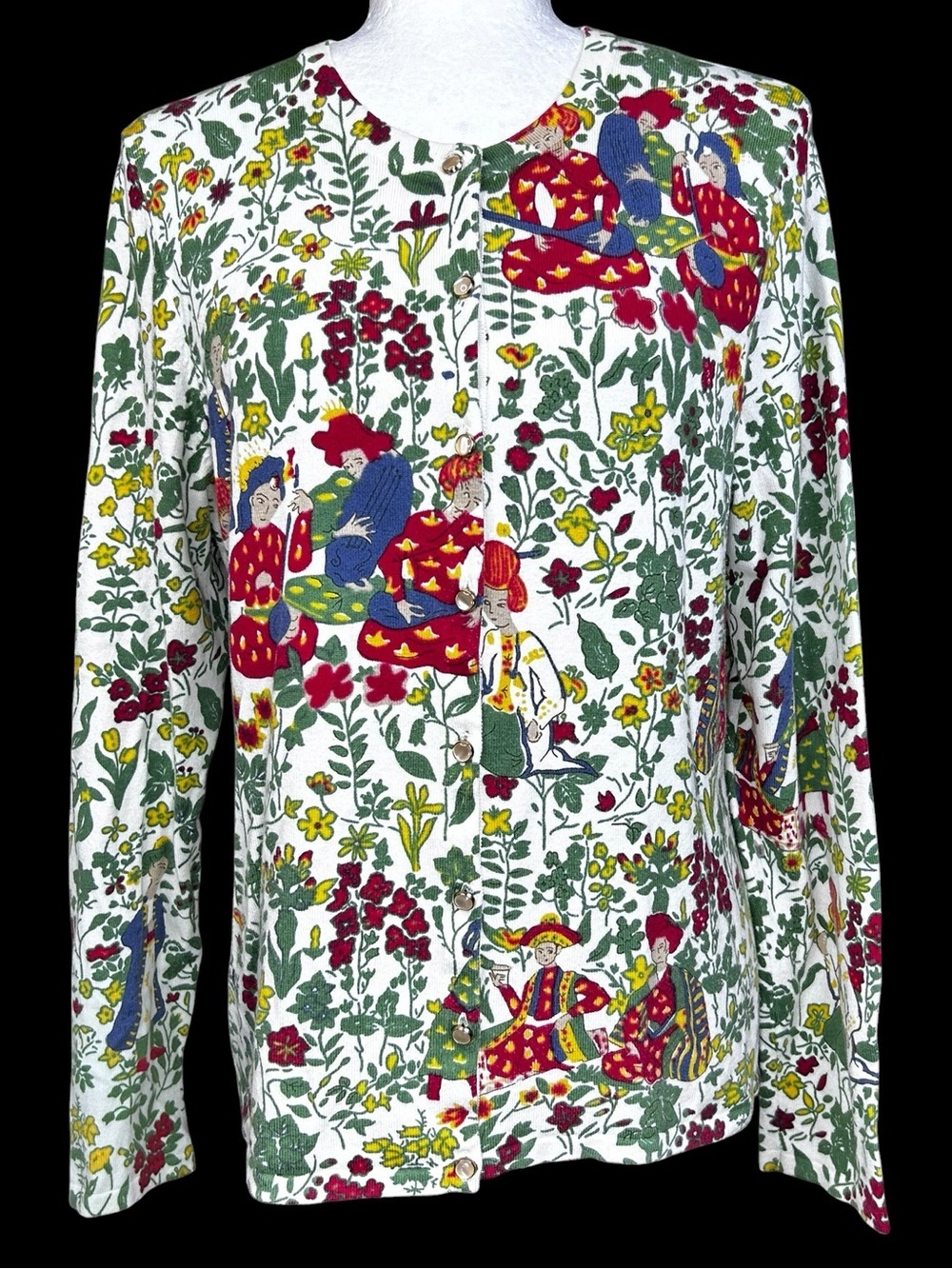 J McLaughlin Persian Courtesans Motif Sweater L Pearl Snap Buttons Lightweight - Picture 2 of 10